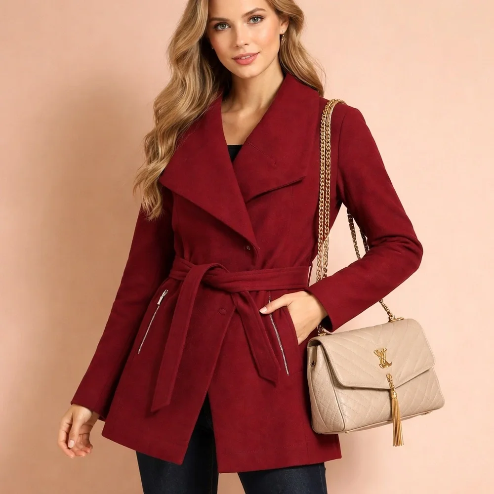 A. Byer burgundy wine peacoat trench tie waist blazer fully lined button snaps L